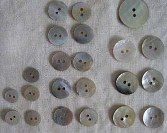 Vintage Buttons-22 Shell Buttons-Mixed Lot-Sizes 9mm to 20mm-2 hole Mother of Pearl Button Lot