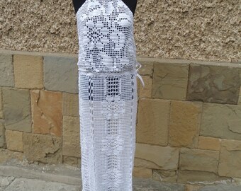 Crochet vestido de novia, vestido de novia alternativo, vestido blanco, vestido de blanco puro, vestido hecho a mano, vestido de boda de playa, vestido largo de Crochet