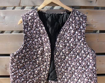 Quilted vest floral vest black waistcoat sleeveless jacket hippie vest bohemian jacket women size M medium