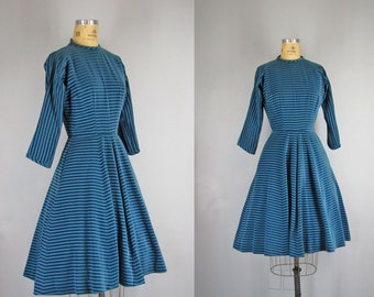 1950s Vintage Dress l 50s Blue Velveteen Dress