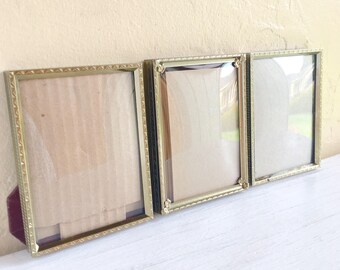 Vintage Gold Metal Picture Frames with Convex Bubble Glass 3 Three Trio Patina Old Frames Hygge Farmhouse Boho Bohemian Shabby Chic