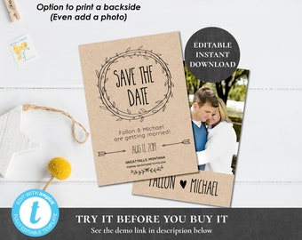 Rustic Save the Date Template EDITABLE PRINTABLE Save Our Date Kraft Arrow Wreath Laurels Country Farm Wedding Engagement Photograph PCRWWS