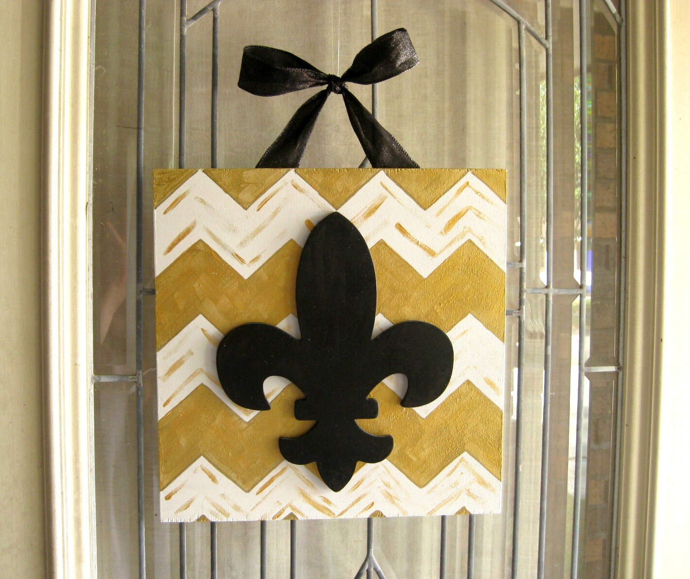 New Orleans Saints Black Gold Chevron Painted Fleur De Lis