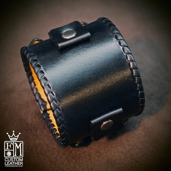 Leather bracelet cuff Black vintage Johnny Depp style watchband whipstitched cuff Best quality Made in New York for YOU by Freddie Matara