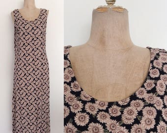 1990's Muted Sunflower Print Midi Dress Size Small by Maeberry Vintage