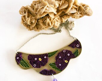 Crescent paper necklace with pansies, quilling, eco-friendly paper jewel, ultraviolet, gift for her, handmade