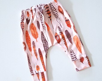 ORGANIC baby leggings, fall feathers, toddler leggings, baby pants, baby harems, toddler harems
