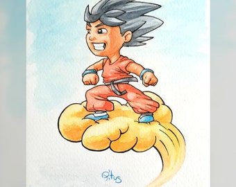 San goku on her cloud - original watercolor
