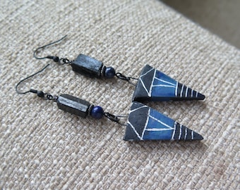 blue earrings, black earrings, dagger earrings, rustic earrings, unique earrings, long earrings, long black earrings, tribal earrings, boho