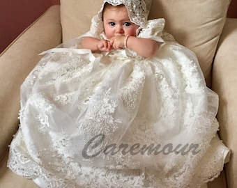 Intricate lace Christening gown set Baptism Gown Handcrafted Heirloom gown set