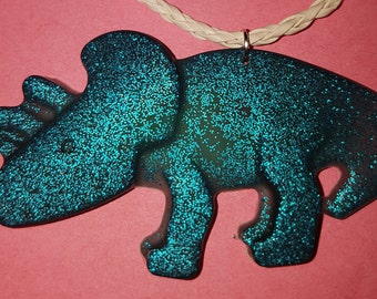 Dinosaur Triceratops Necklace Blue Glitter