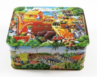 Churchill's Embossed 3-D "The Ark" RECTANGLE Tin 5.5" x 4.5" x 2.5" / Made in England w Zebras-Elephants-Giraffes-Tigers-Lions-Monkeys etc.