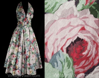 Size 10 Halter Dress - 1980s Does 50s - Pastel Pink Blue Green Cabbage Roses Cotton - 80s Summer Sun Dress Full Skirt - Waist 27 - 50768