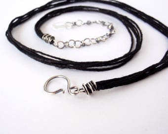 50cm Black Hemp Necklace ~ 20 inches ~ Handcrafted with Eco-Friendly Recycled Sterling Silver ~ Extension Chain with Clear Quartz Drop