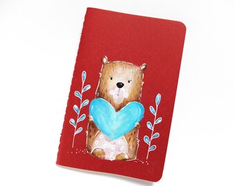 Teddy Red. Original. MOLESKINE® notebook. Hand painted journal. Unique gift. Traveler's journal. Midori. Notepad. Gift for her