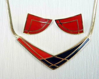 Triangle Necklace & Earring Set - Avon Color Splash - Avon Post Earrings - Avon Gold-tone Jewelry - Color Block Jewelry - Vintage Avon 1986