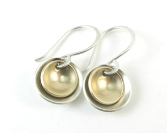 14K Gold Filled and Sterling Silver Disc Earrings, Mixed Metal Earrings, Domed Disc Earring, Silver and Gold Earrings, Layered Disc Earrings