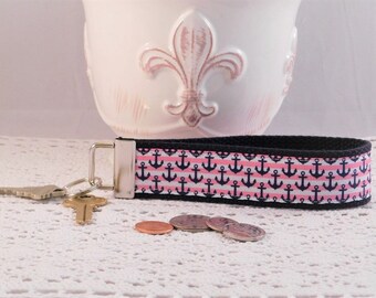Keychain Wristlet Made With Pink and Navy Anchor Inspired Ribbon
