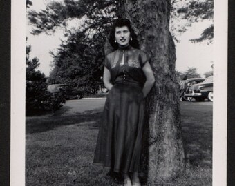 Vintage Snapshot Photo Raven Haired Beauty Poses Under Tree 1950's, Original Found Photo, Vernacular Photography