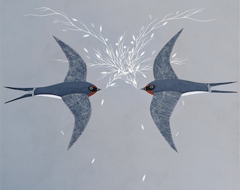 Two Swallows - Bird Art Print 8x8 - Contemporary Scandinavian Painting - Love, Engagement, Wedding - by Natasha Newton