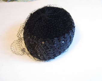 Vintage Black Sequined Velvet Women's Hat with Veiling, Vintage Women's Black Velvet Hat, Vintage Hat