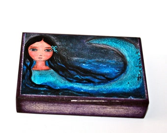The Mermaid The Sea and I - ACEO Giclee print mounted on Wood (2.5 x 3.5 inches) Folk Art by FLOR LARIOS