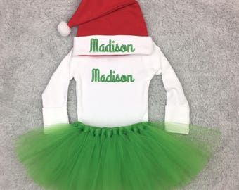 Newborn Christmas outfit with green or red tutu - preemie Christmas outfit baby girl tutu, baby girl monogrammed baby clothes baby Santa hat