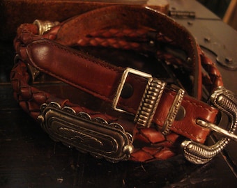 Vintage 1990s Distressed Braided Leather Concho Belt