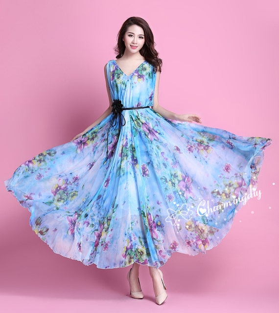 60 Colors Chiffon Blue Flower Long Party Dress Evening Wedding