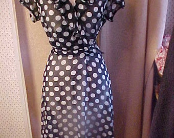 Vintage Sheer Navy & White Polka Dot Dress. S12 #3387