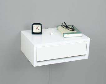 Contemporary White Floating Nightstand, Floating Bedside Table, Side Table, Wall Mount Night Stand with a Door