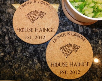Game of Thrones Personalized Kitchen Cork Hot Pads Trivets. Custom Engraved Thick Pads. Dinner Is Coming