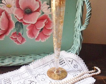 RansGil Crystal Bud Vase, 22K Gold Floral Overlay, Tall Gold Vase