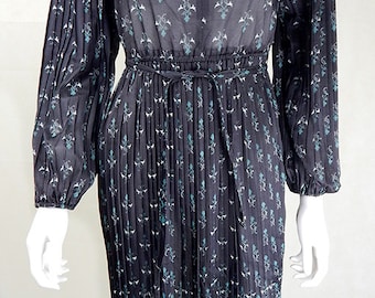 Original 1970s Vintage Black Floral Shirtwaister Dress UK Size 8
