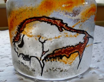 Bison motif cave art fused glass candle curve
