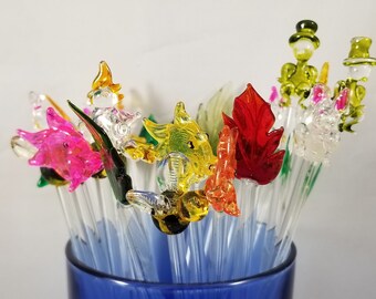 Vintage Hand Blown Swizzle Sticks in Shapes of Bunnies, Fish, Bumble Bees, Christmas Trees, leaves, Cockatoos, and Man in Tophat