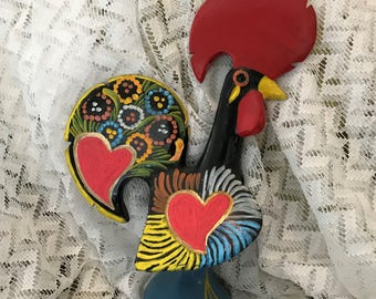 Colorful Hand Painted Ceramic Rooster Statue Figurine Made In Portugal
