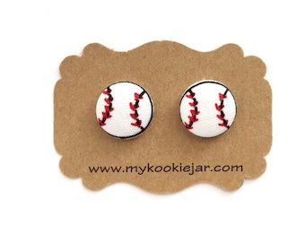 Handmade Fabric Covered Button Earrings MINI Studs or Clip-ons - Love Sports Baseball Earrings, Sports Girl, Sports Jewelry, Baseball Fan