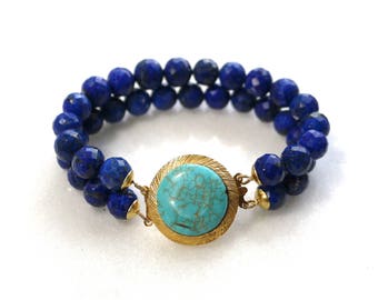 Gorgeous Double Strand Lapis Bracelet with Vintage Turquoise Clasp...