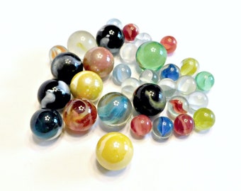 32 Vintage Glass and Agate Marbles, Includes 12 Shooters, Swirls, Cat's Eye, Multi Colors, Clear, Vintage Marbles, Vintage Toys