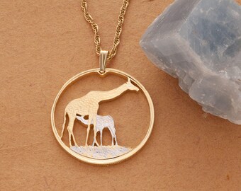 Mother Giraffe and Baby Pendant and Necklace,Zambia Giraffe Coin Hand Cut,14 Karat Gold and Rhodium PLated, 1 3/8" in Diameter, ( #883 )
