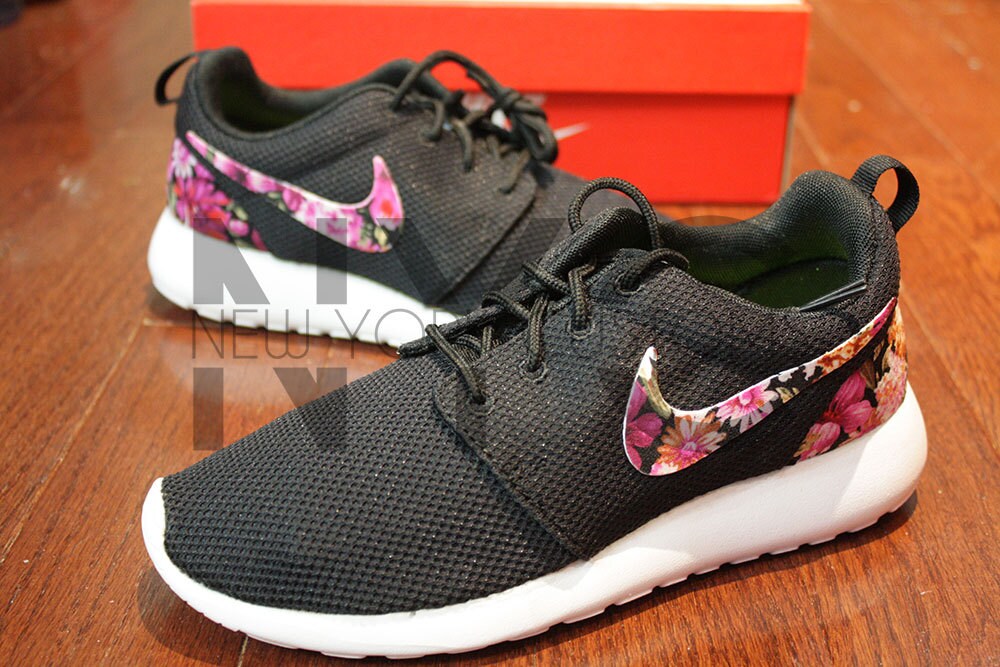 Nike Roshe Run Black White Floral Bouquet Print Custom Women