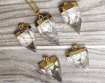 Natural Crystal Quartz Petite Spike Charm Pendant with 24k Gold Electroplated Cap and Bail