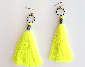 Saturn Neon Yellow Tassel Earrings