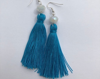 Blue Turquoise Tassel Earring With Bead
