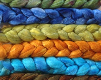 Hand Dyed gradient roving set 6ozs polwarth/silk 70/30 ready to ship