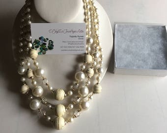 Multi Strand Necklace,Vintage Necklace, Japan Necklace, White Necklace, Signed Necklace, Choker Necklace, Beaded Necklace