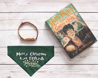 Handmade Custom Harry Potter Merry Christmas Ya Filthy Muggle Over the Collar & Tie Dog Bandana