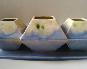 Mid Century ceramic planter succulents air plants organizer blue , green , cream made in japan drip glaze 1970