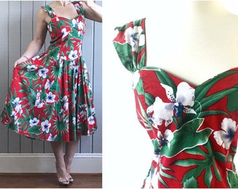 1950s Vintage Hawaiian Red Floral Sundress | 1950s Style Dress | Hibiscus Flower Print | Vintage Hawaii | 1950s Dress | Vintage Clothing